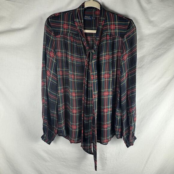 POLO Ralph Lauren Women's Tartan Plaid Sheer Tie Neck Button-Up Top Sz S P - Picture 1 of 10